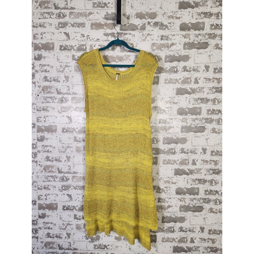 Free People Open Knit Midi Dress Size S Yellow Summer Festival Beach Raw Hem